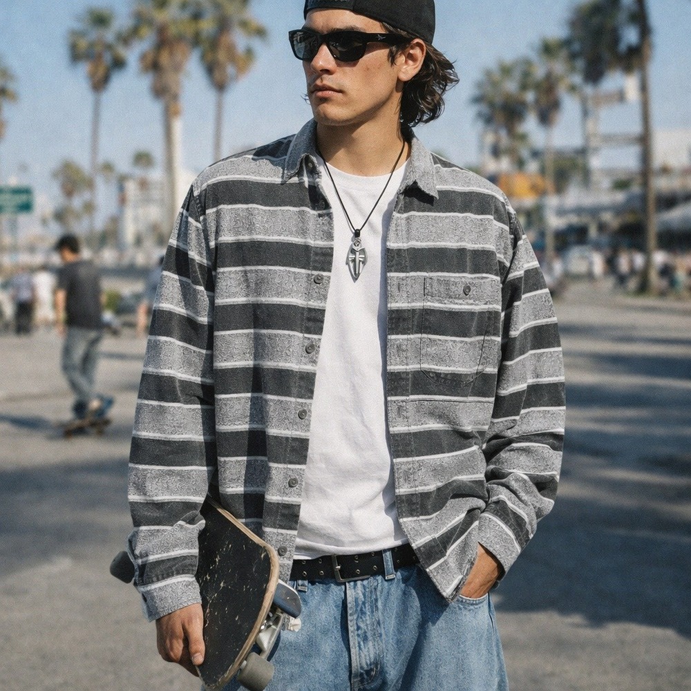 Gitano Gray Striped Button Up Shirt Mens M‎ Long Sleeve Casual 90s Skater Grunge